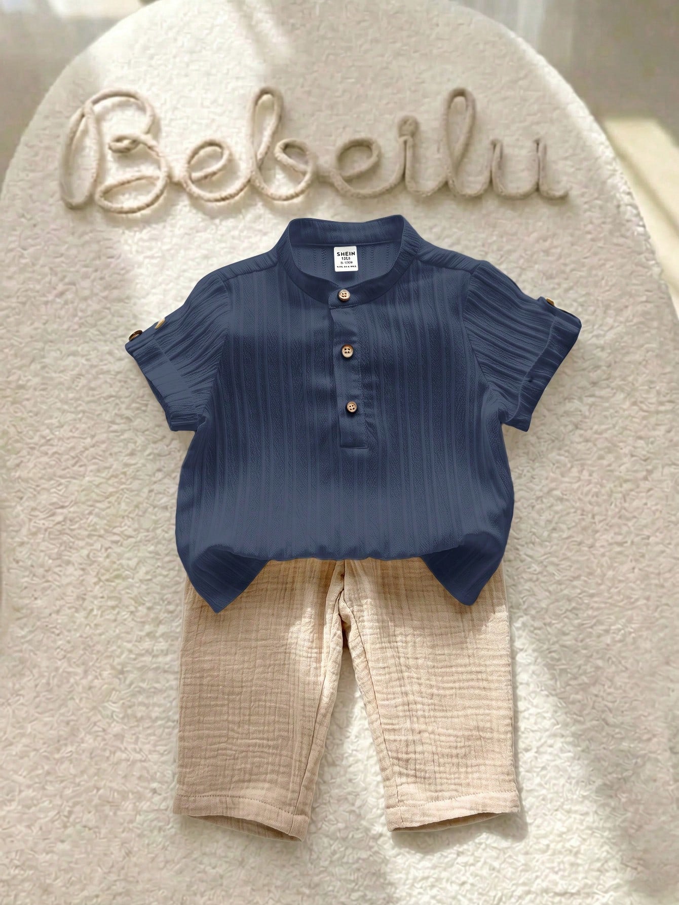 2pcs Babyboy Beige Summer Casual City Break College Style Grey Collared Shirt&Striped Elastic Waist Pants Set,Suitable For Birthday Party&Wedding