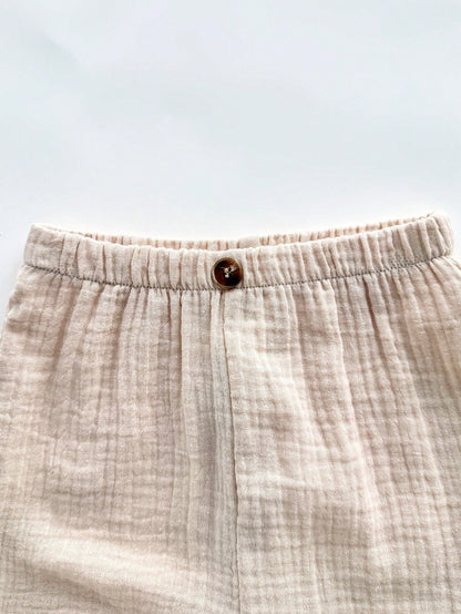 2pcs Babyboy Beige Summer Casual City Break College Style Grey Collared Shirt&Striped Elastic Waist Pants Set,Suitable For Birthday Party&Wedding