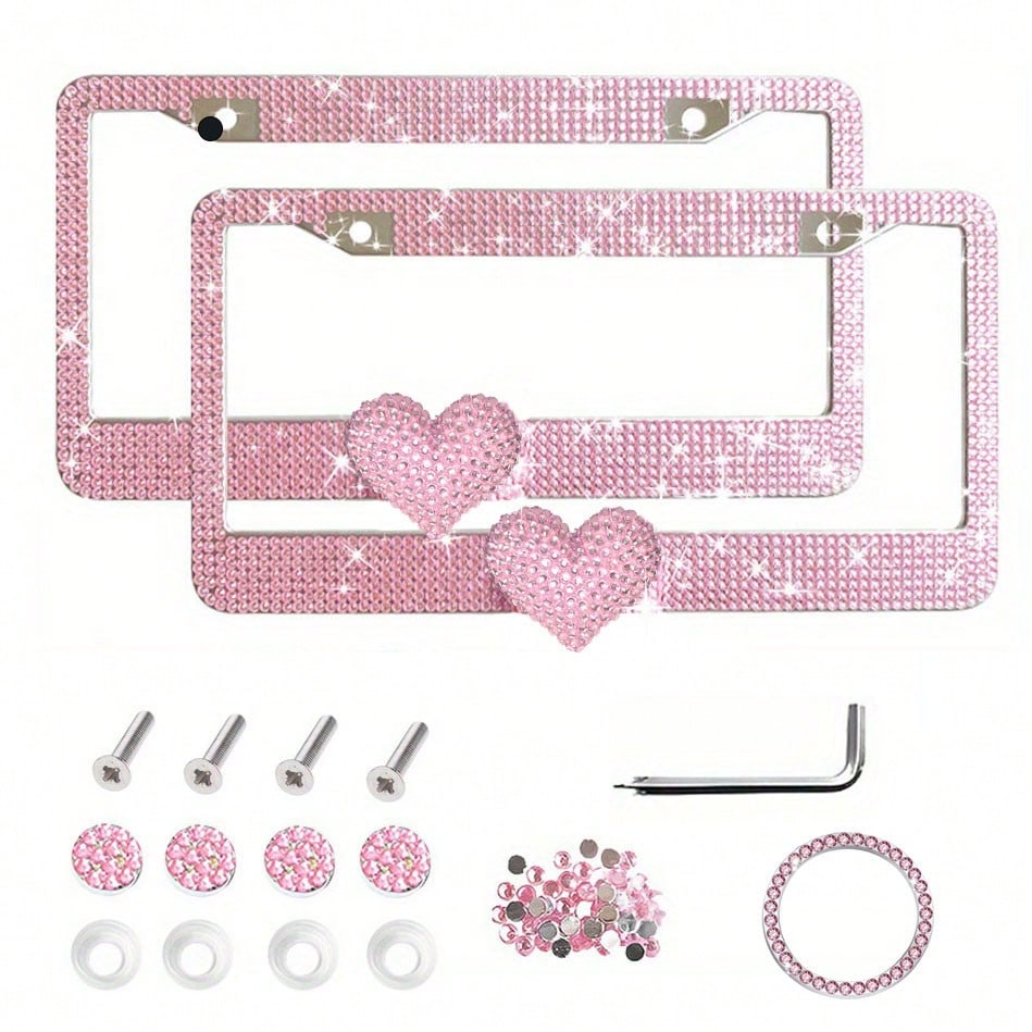 2PCS Bling Heart ❤️ Acrylic Diamond License Plate Frame –Luxury Car Decor, Gift For Women/Teens,Waterproof, UV Resistant, Car Jewelry, Easy Installation