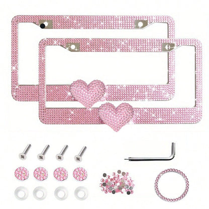 2PCS Bling Heart ❤️ Acrylic Diamond License Plate Frame –Luxury Car Decor, Gift For Women/Teens,Waterproof, UV Resistant, Car Jewelry, Easy Installation
