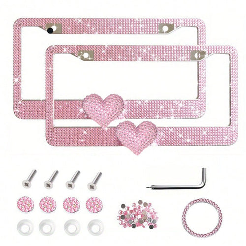 2PCS Bling Heart ❤️ Acrylic Diamond License Plate Frame –Luxury Car Decor, Gift For Women/Teens,Waterproof, UV Resistant, Car Jewelry, Easy Installation