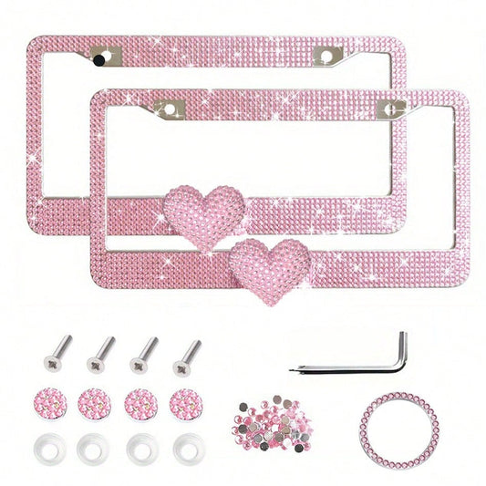 2PCS Bling Heart ❤️ Acrylic Diamond License Plate Frame –Luxury Car Decor, Gift For Women/Teens,Waterproof, UV Resistant, Car Jewelry, Easy Installation