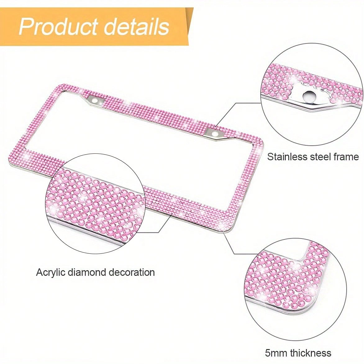 2PCS Bling Heart ❤️ Acrylic Diamond License Plate Frame –Luxury Car Decor, Gift For Women/Teens,Waterproof, UV Resistant, Car Jewelry, Easy Installation