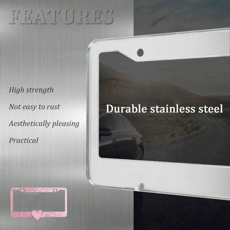 2PCS Bling Heart ❤️ Acrylic Diamond License Plate Frame –Luxury Car Decor, Gift For Women/Teens,Waterproof, UV Resistant, Car Jewelry, Easy Installation