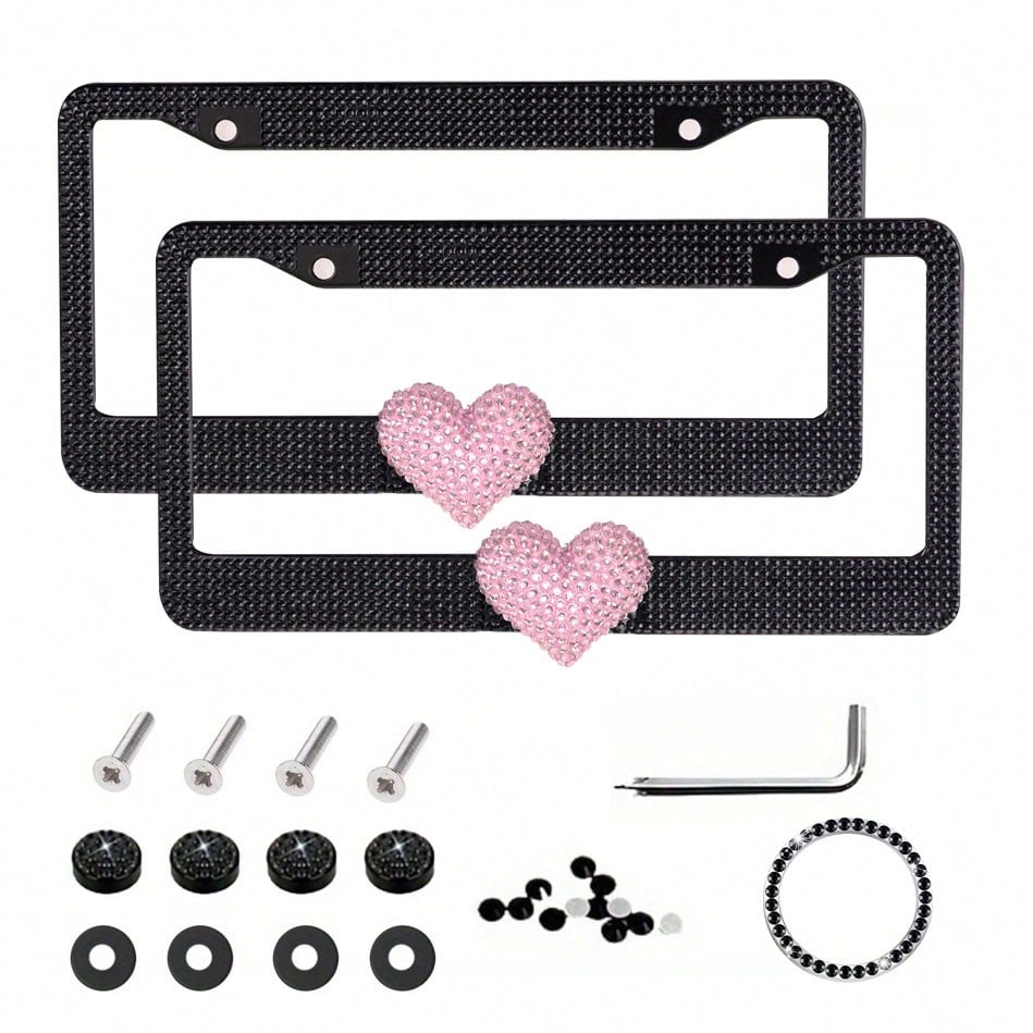 2PCS Bling Heart ❤️ Acrylic Diamond License Plate Frame –Luxury Car Decor, Gift For Women/Teens,Waterproof, UV Resistant, Car Jewelry, Easy Installation