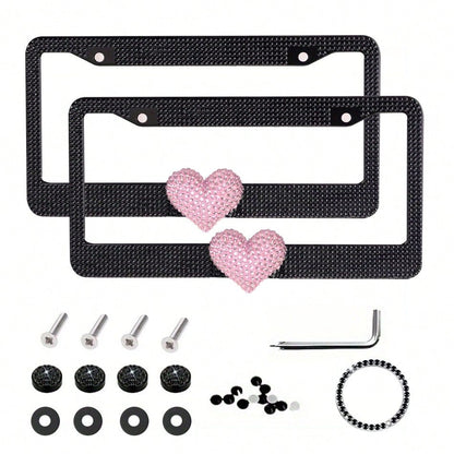 2PCS Bling Heart ❤️ Acrylic Diamond License Plate Frame –Luxury Car Decor, Gift For Women/Teens,Waterproof, UV Resistant, Car Jewelry, Easy Installation
