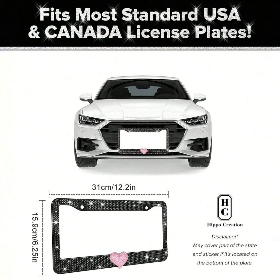 2PCS Bling Heart ❤️ Acrylic Diamond License Plate Frame –Luxury Car Decor, Gift For Women/Teens,Waterproof, UV Resistant, Car Jewelry, Easy Installation
