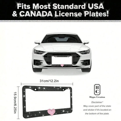 2PCS Bling Heart ❤️ Acrylic Diamond License Plate Frame –Luxury Car Decor, Gift For Women/Teens,Waterproof, UV Resistant, Car Jewelry, Easy Installation