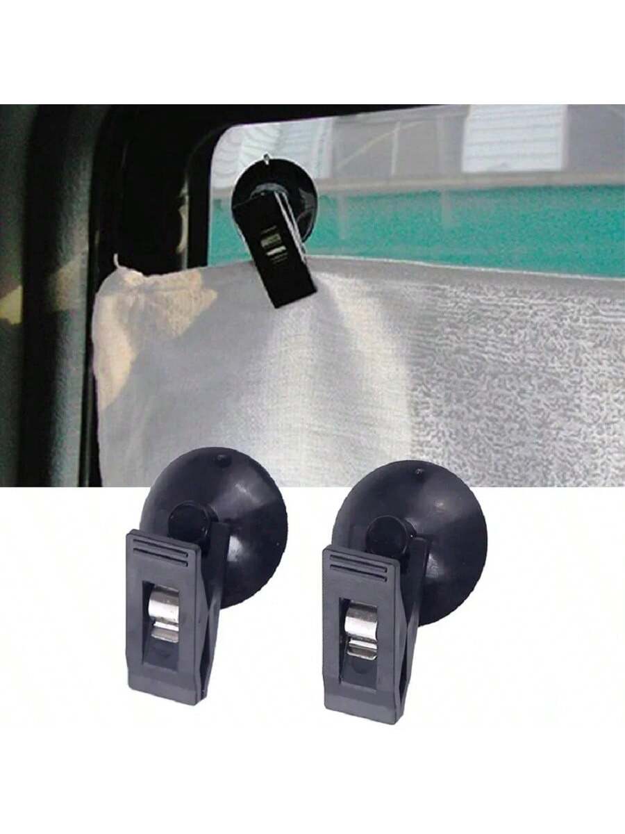 2pcs Car Interior Window Clip Mount Black Suction Cap Clip Plastic Sucker Removable Holder For Sunshade Curtain Towel Ticket