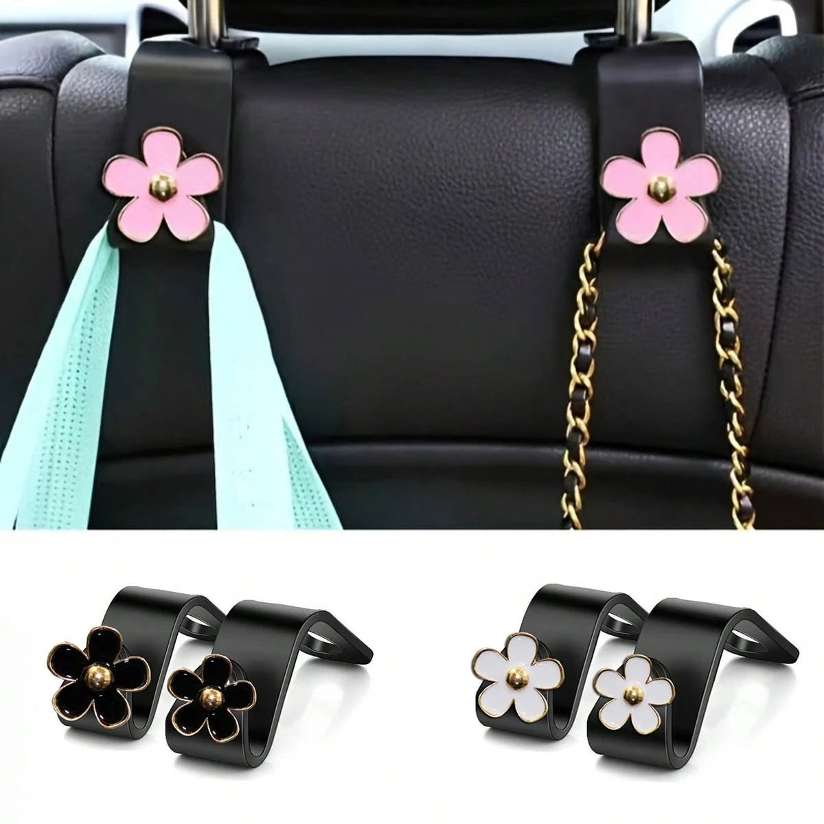 2Pcs Cute Flower Car Seat Back Storage Hook- Multifunctional Rear Seat Storage Hook, Non-Slip Load-Bearing Design, Space-Saving Car Interior Accessories, Car Storage Accessories