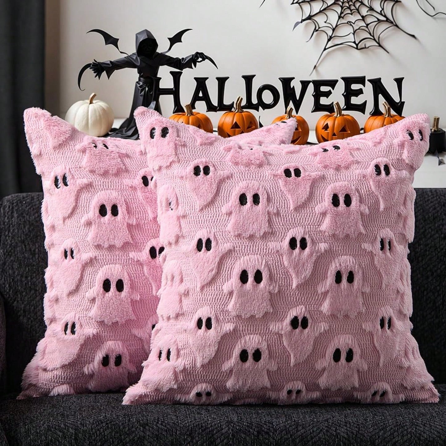 2Pcs Halloween Pillow Covers 18x18 Inch White Ghost Throw Pillow Cases Soft Plush Faux Fur Wool Couch Cushion Case For Chair Sofa Bedroom Living Room Home Decor