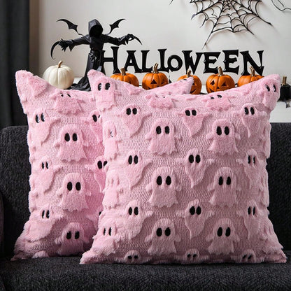 2Pcs Halloween Pillow Covers 18x18 Inch White Ghost Throw Pillow Cases Soft Plush Faux Fur Wool Couch Cushion Case For Chair Sofa Bedroom Living Room Home Decor