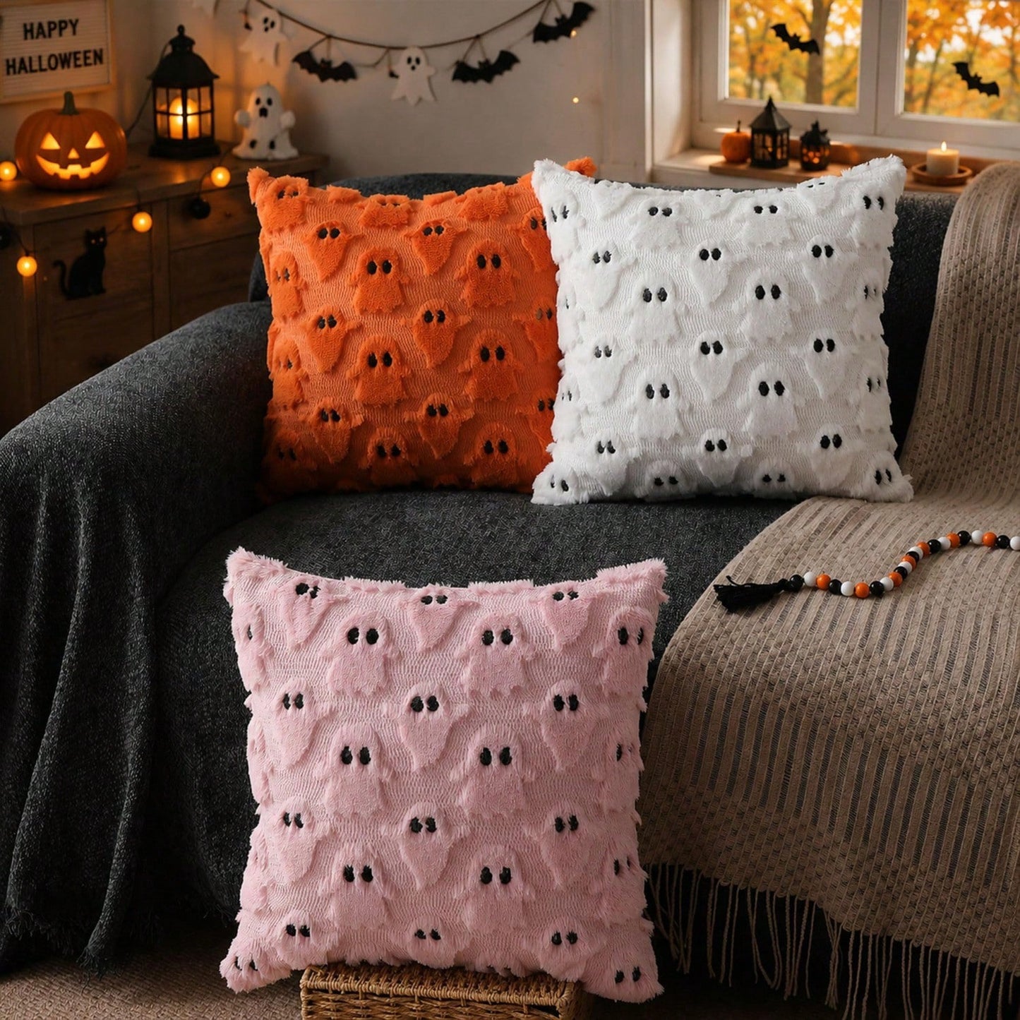 2Pcs Halloween Pillow Covers 18x18 Inch White Ghost Throw Pillow Cases Soft Plush Faux Fur Wool Couch Cushion Case For Chair Sofa Bedroom Living Room Home Decor