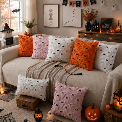 2Pcs Halloween Pillow Covers 18x18 Inch White Ghost Throw Pillow Cases Soft Plush Faux Fur Wool Couch Cushion Case For Chair Sofa Bedroom Living Room Home Decor