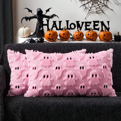2Pcs Halloween Pillow Covers 18x18 Inch White Ghost Throw Pillow Cases Soft Plush Faux Fur Wool Couch Cushion Case For Chair Sofa Bedroom Living Room Home Decor