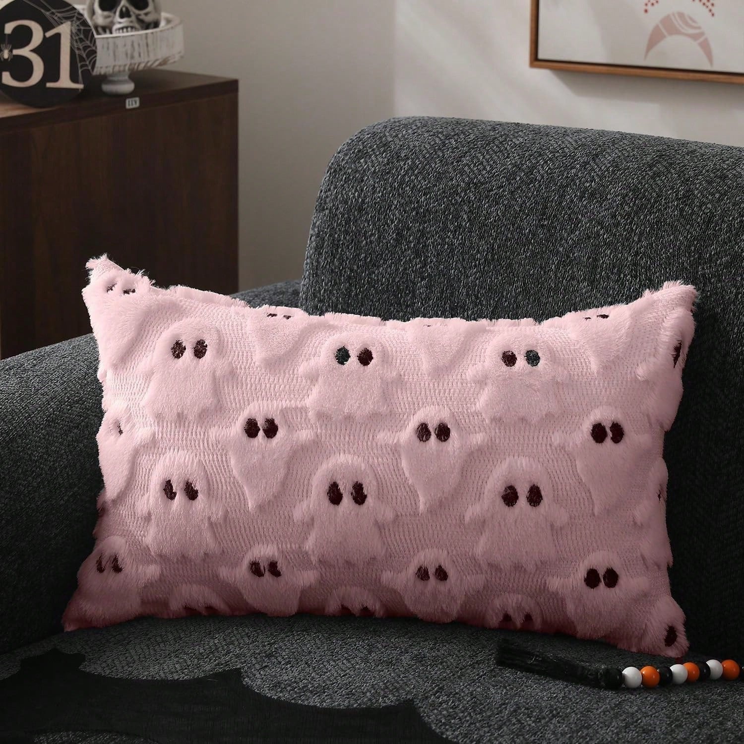2Pcs Halloween Pillow Covers 18x18 Inch White Ghost Throw Pillow Cases Soft Plush Faux Fur Wool Couch Cushion Case For Chair Sofa Bedroom Living Room Home Decor