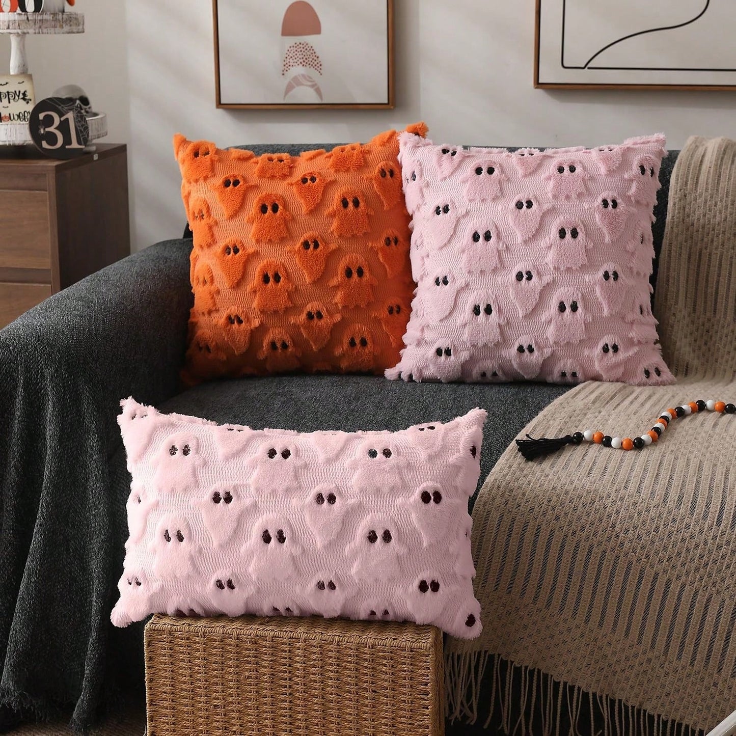2Pcs Halloween Pillow Covers 18x18 Inch White Ghost Throw Pillow Cases Soft Plush Faux Fur Wool Couch Cushion Case For Chair Sofa Bedroom Living Room Home Decor