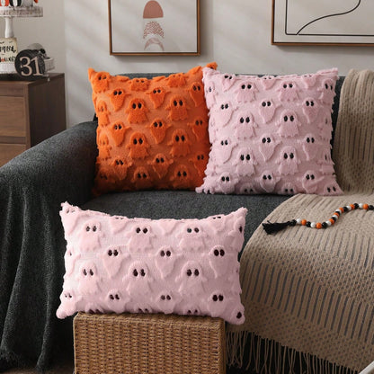 2Pcs Halloween Pillow Covers 18x18 Inch White Ghost Throw Pillow Cases Soft Plush Faux Fur Wool Couch Cushion Case For Chair Sofa Bedroom Living Room Home Decor