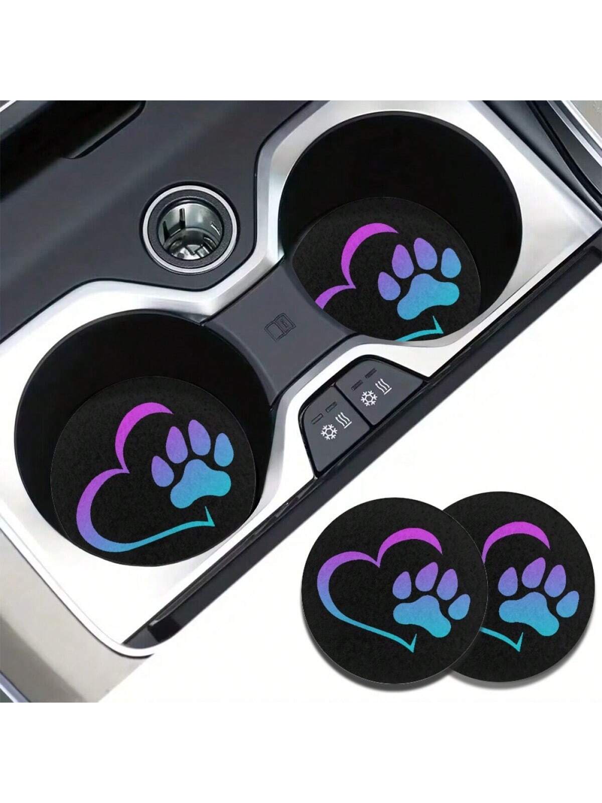 2pcs Heat Dog Paw Car Coasters For Women Men, Absorbent Drink Cup Car Holder Coasters With A Finger Notch For Car Decorations