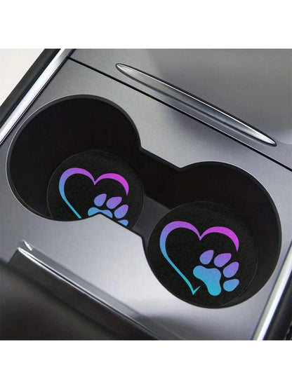 2pcs Heat Dog Paw Car Coasters For Women Men, Absorbent Drink Cup Car Holder Coasters With A Finger Notch For Car Decorations