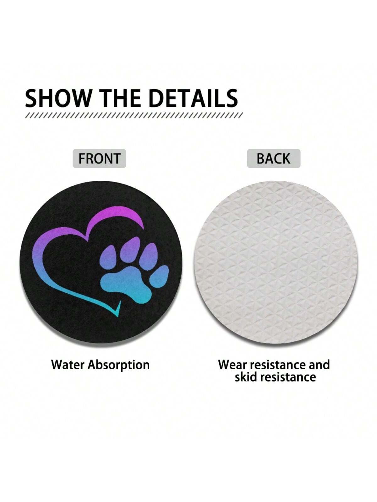 2pcs Heat Dog Paw Car Coasters For Women Men, Absorbent Drink Cup Car Holder Coasters With A Finger Notch For Car Decorations