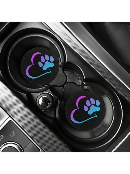 2pcs Heat Dog Paw Car Coasters For Women Men, Absorbent Drink Cup Car Holder Coasters With A Finger Notch For Car Decorations