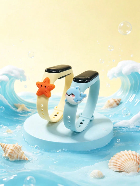 2pcs Kids' Favorite Ocean Series LED Electronic Bracelet, Light Yellow Starfish & Light Blue Dolphin Pendant, Can Display Time, Date, Stopwatch, Suitable For Back To School, Birthday, Christmas Gift G