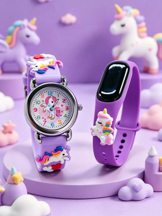 2pcs Kids' Favorite Purple Pony Pattern Quartz Watch + 1pc Unicorn Cute Pendant LED Electronic Bracelet, 2 Styles Combination, Can Display Date And Time, Suitable As Birthday Or Back To School Gift
