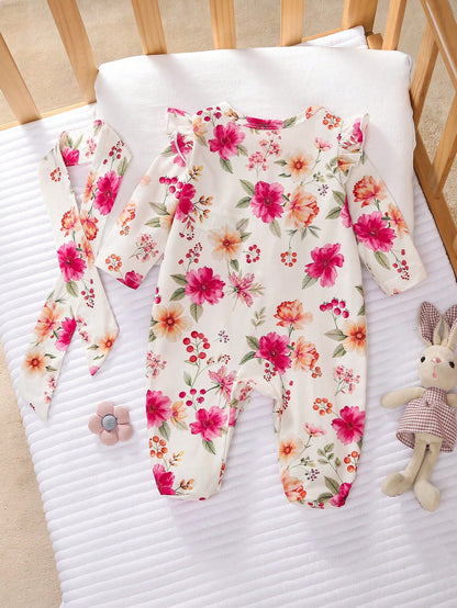 2pcs Newborn Baby Girl Pink Baby Pink Pastel Bow Heart Cartoon Print Footed Jumpsuit Set With Headband Soft Comfortable Sleepwear Autumn Cute Kawaii