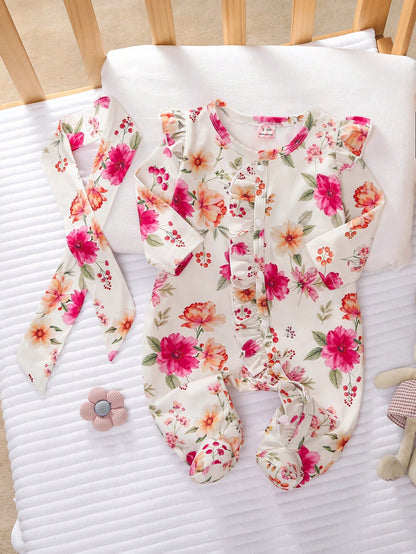 2pcs Newborn Baby Girl Pink Baby Pink Pastel Bow Heart Cartoon Print Footed Jumpsuit Set With Headband Soft Comfortable Sleepwear Autumn Cute Kawaii