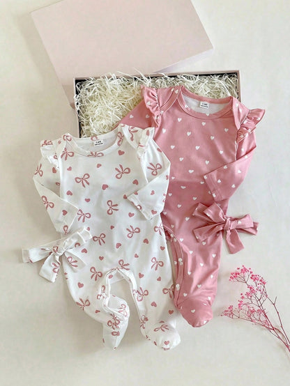 2pcs Newborn Baby Girl Pink Baby Pink Pastel Bow Heart Cartoon Print Footed Jumpsuit Set With Headband Soft Comfortable Sleepwear Autumn Cute Kawaii