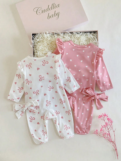 2pcs Newborn Baby Girl Pink Baby Pink Pastel Bow Heart Cartoon Print Footed Jumpsuit Set With Headband Soft Comfortable Sleepwear Autumn Cute Kawaii