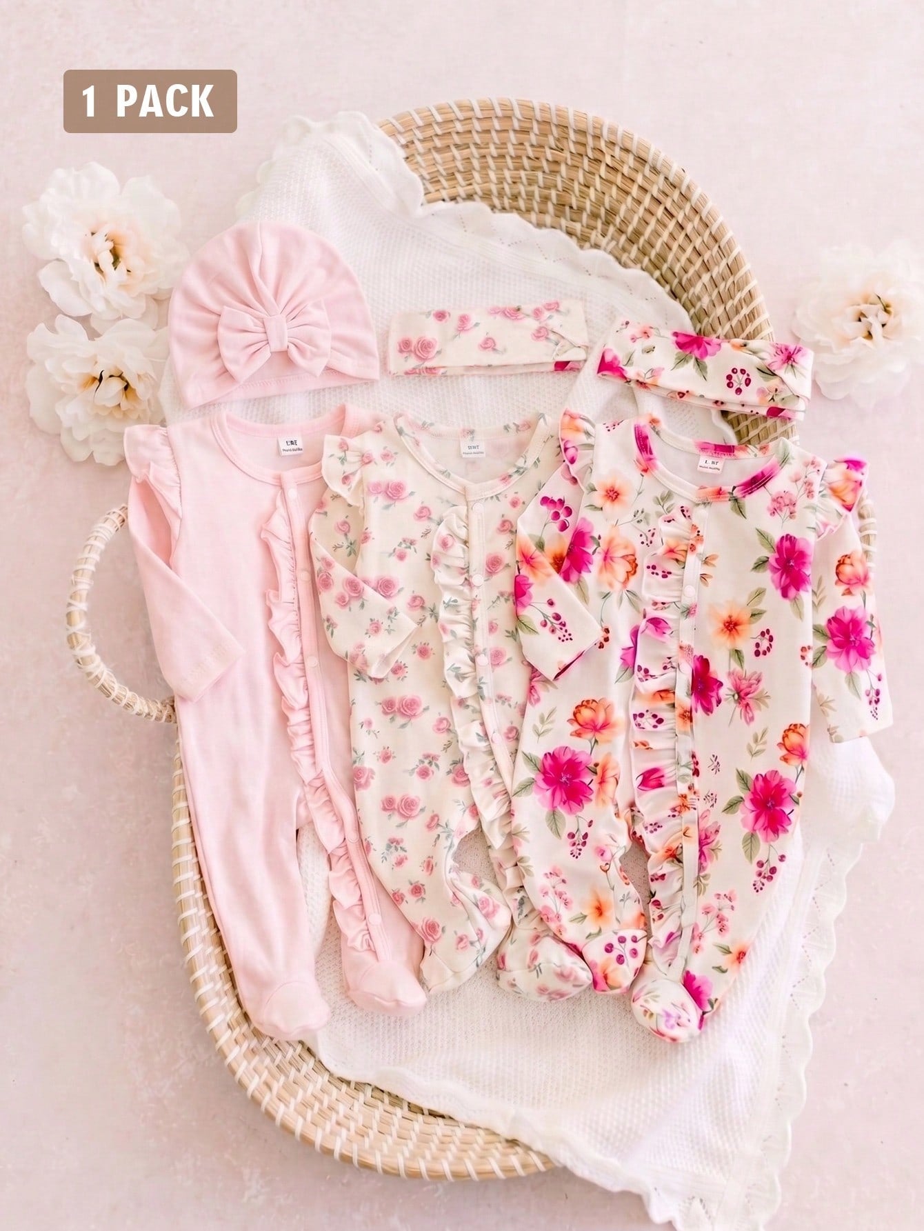 2pcs Newborn Baby Girl Pink Baby Pink Pastel Bow Heart Cartoon Print Footed Jumpsuit Set With Headband Soft Comfortable Sleepwear Autumn Cute Kawaii
