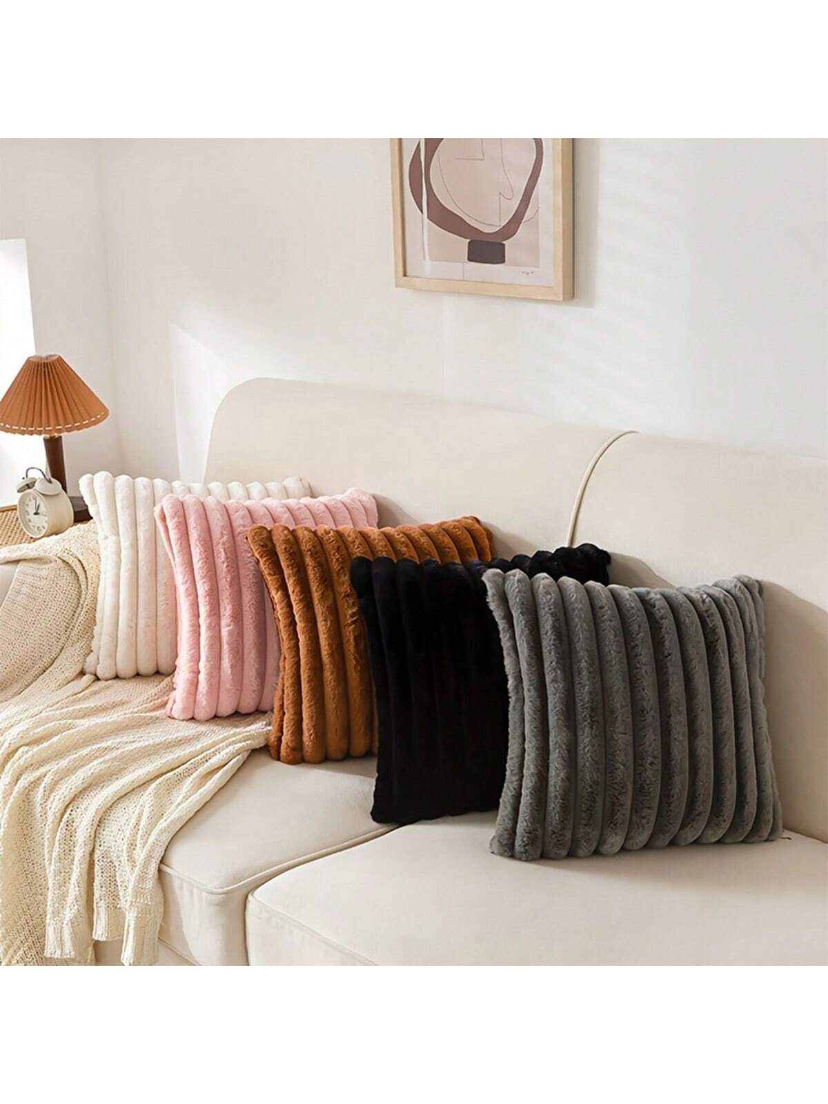 2pcs/Pack Striped Plush Pillow Cover, Modern Polyester Fluffy Square Soft Cushion Covers For Living Room, Sofa, Bedside, Home Use