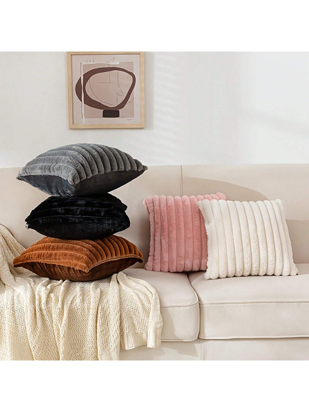 2pcs/Pack Striped Plush Pillow Cover, Modern Polyester Fluffy Square Soft Cushion Covers For Living Room, Sofa, Bedside, Home Use