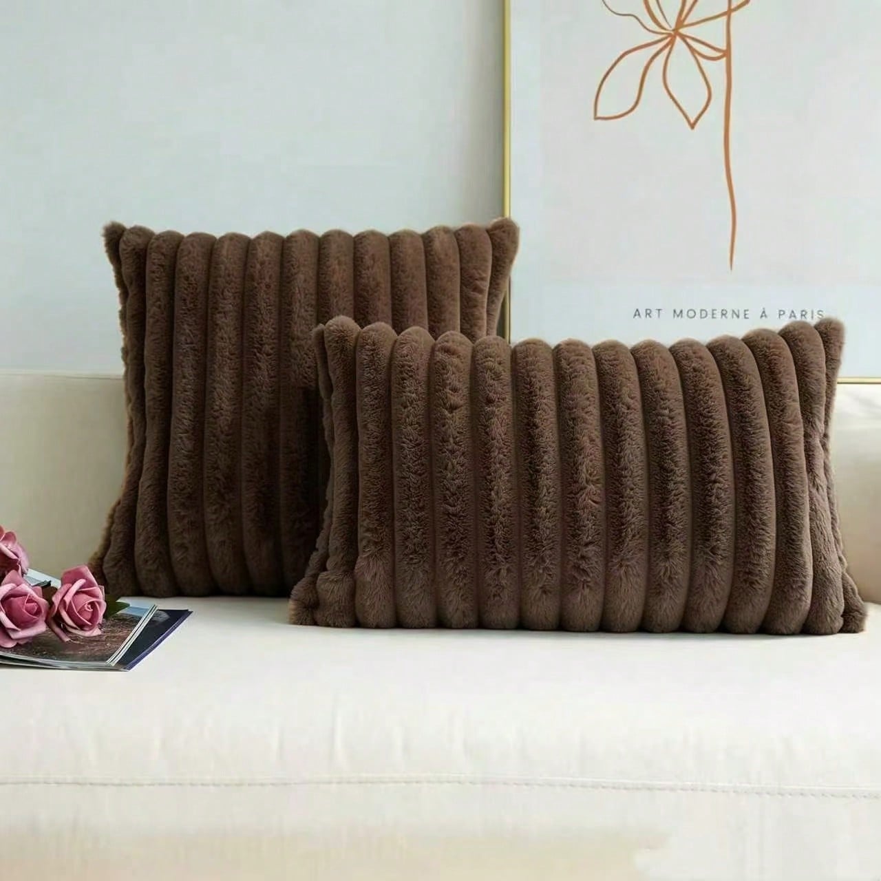 2pcs/Pack Striped Plush Pillow Cover, Modern Polyester Fluffy Square Soft Cushion Covers For Living Room, Sofa, Bedside, Home Use