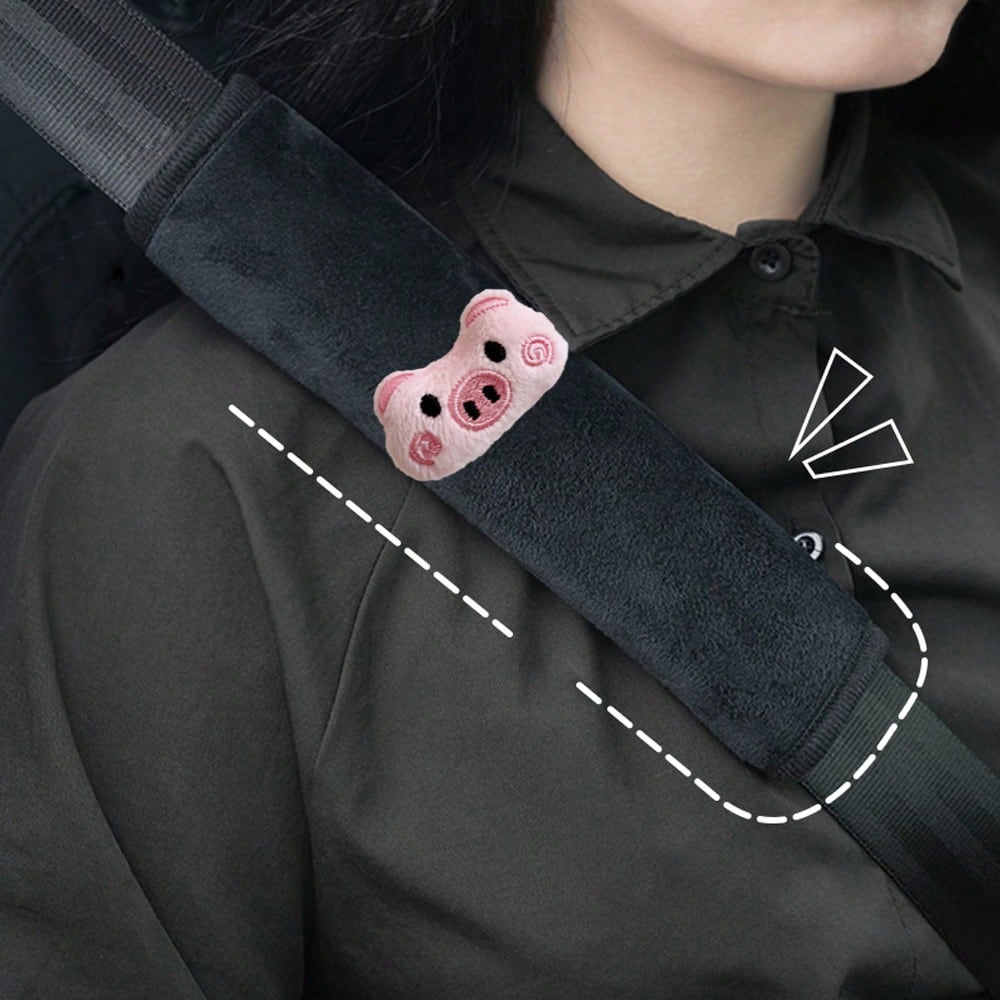 2pcs Plush Pig Shoulder Pads, Car Seat Belt Shoulder Cushion, Women's Car Interior Accessories