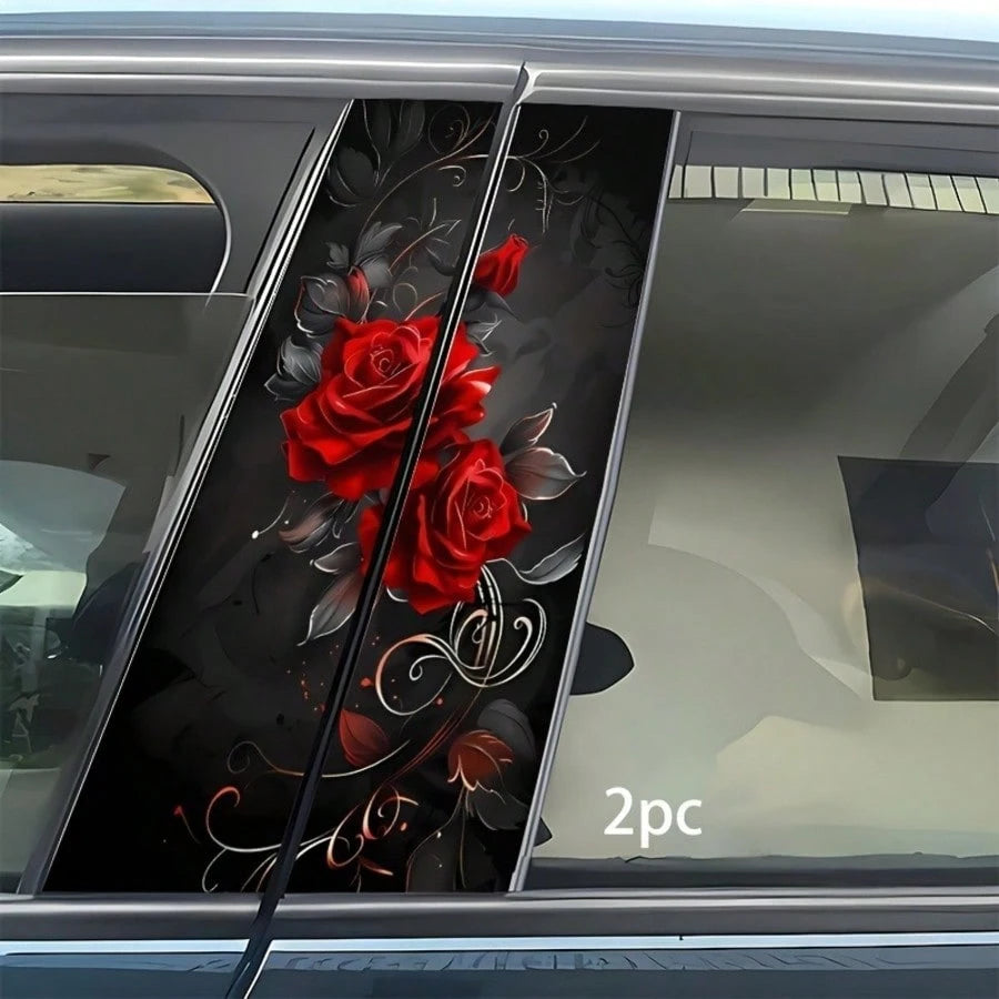 2Pcs Red Rose Car Pillar Stickers, Waterproof Scratch Resistant Self Adhesive Glossy Vinyl Car Door Decor Decals, Come With Foam Column Protection For Transportation