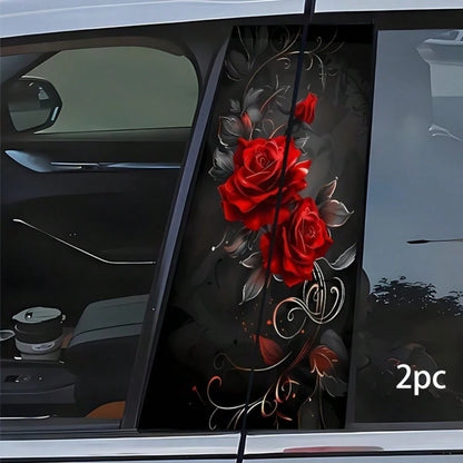 2Pcs Red Rose Car Pillar Stickers, Waterproof Scratch Resistant Self Adhesive Glossy Vinyl Car Door Decor Decals, Come With Foam Column Protection For Transportation