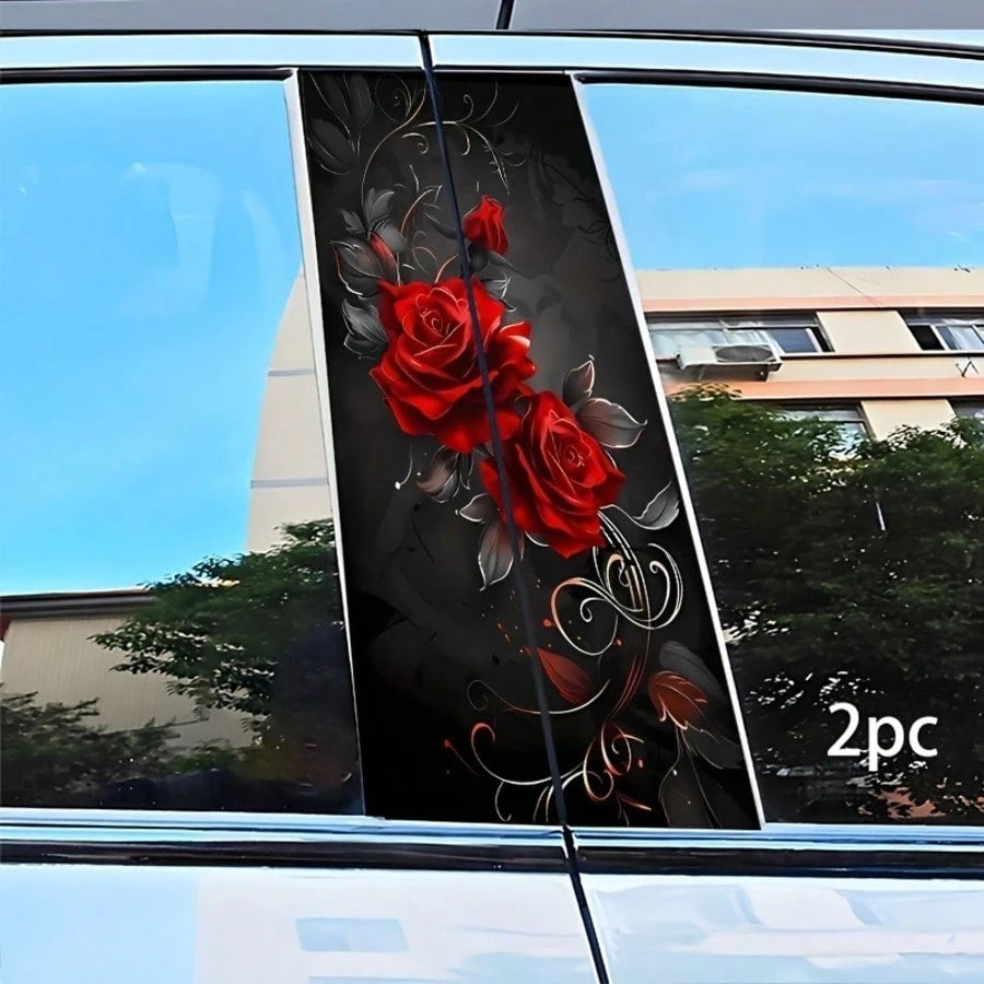 2Pcs Red Rose Car Pillar Stickers, Waterproof Scratch Resistant Self Adhesive Glossy Vinyl Car Door Decor Decals, Come With Foam Column Protection For Transportation