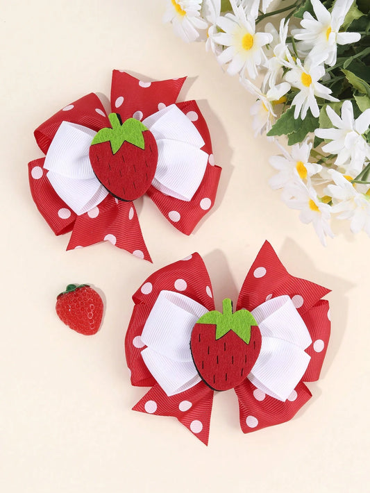 2pcs Red Strawberry Hair Clips, Cute Fruit Bow Hair Clips, Polka Dot Bow Hair Clips, Red Satin Bow Hair Clips, Children Hair Accessories, Valentine's Day Heart Gift