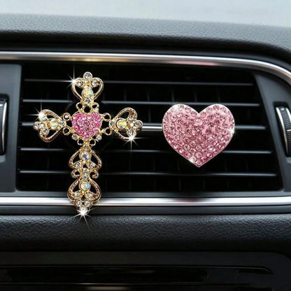 2pcs Rhinestone Heart & Cross Car Air Vent Aromatherapy Clip Decor, Car Interior Ornament, Car Air Conditioner Fragrance Accessory