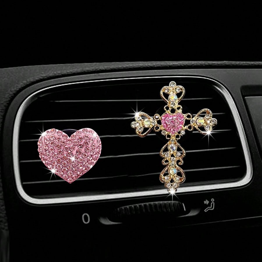 2pcs Rhinestone Heart & Cross Car Air Vent Aromatherapy Clip Decor, Car Interior Ornament, Car Air Conditioner Fragrance Accessory