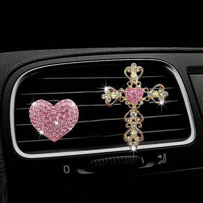 2pcs Rhinestone Heart & Cross Car Air Vent Aromatherapy Clip Decor, Car Interior Ornament, Car Air Conditioner Fragrance Accessory