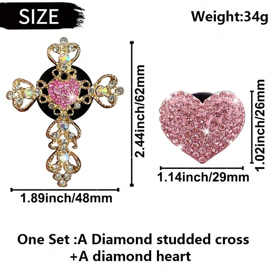 2pcs Rhinestone Heart & Cross Car Air Vent Aromatherapy Clip Decor, Car Interior Ornament, Car Air Conditioner Fragrance Accessory