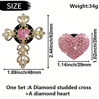 2pcs Rhinestone Heart & Cross Car Air Vent Aromatherapy Clip Decor, Car Interior Ornament, Car Air Conditioner Fragrance Accessory