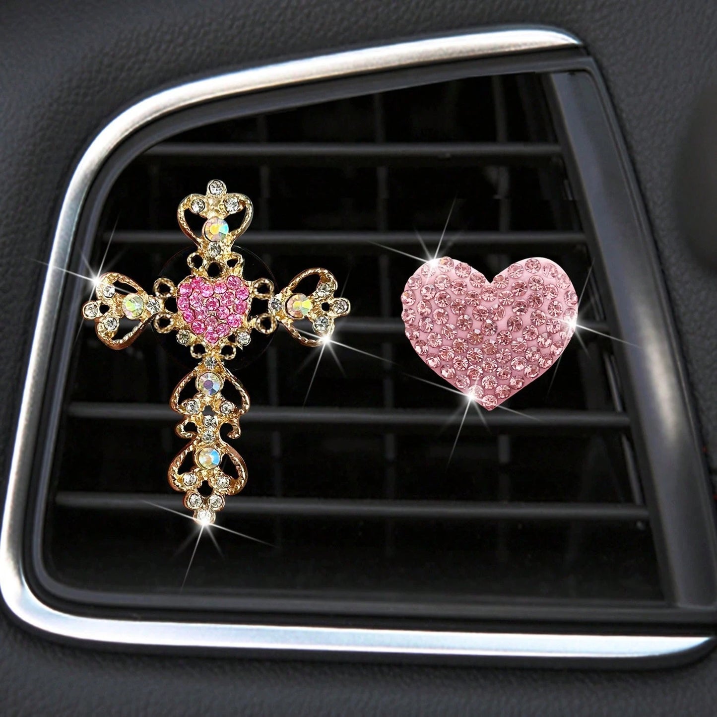 2pcs Rhinestone Heart & Cross Car Air Vent Aromatherapy Clip Decor, Car Interior Ornament, Car Air Conditioner Fragrance Accessory