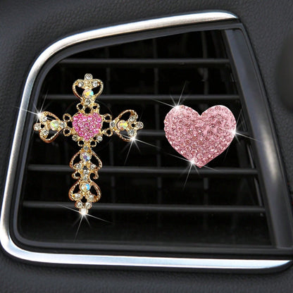 2pcs Rhinestone Heart & Cross Car Air Vent Aromatherapy Clip Decor, Car Interior Ornament, Car Air Conditioner Fragrance Accessory