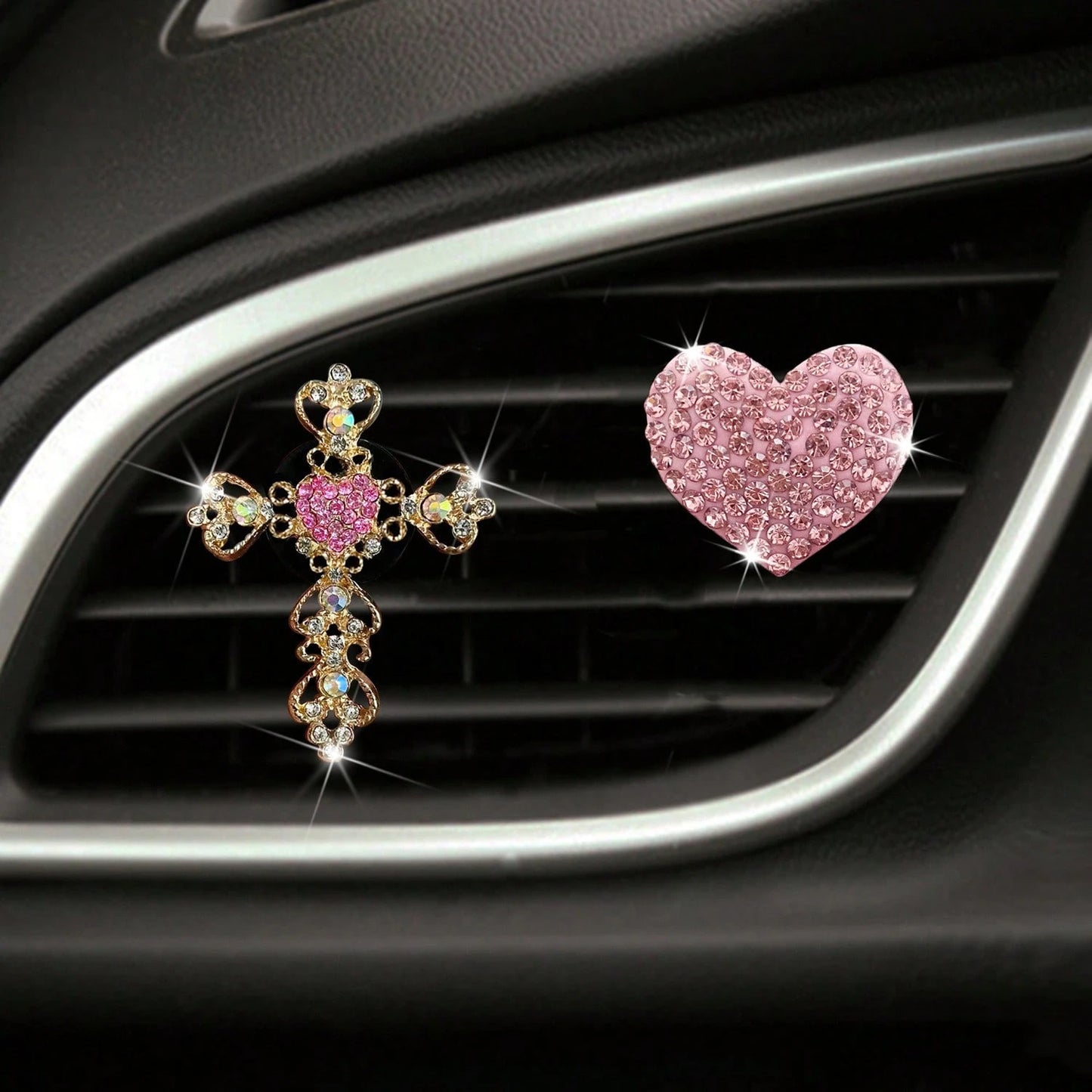 2pcs Rhinestone Heart & Cross Car Air Vent Aromatherapy Clip Decor, Car Interior Ornament, Car Air Conditioner Fragrance Accessory