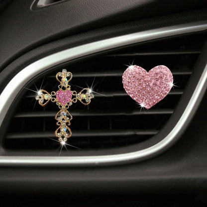 2pcs Rhinestone Heart & Cross Car Air Vent Aromatherapy Clip Decor, Car Interior Ornament, Car Air Conditioner Fragrance Accessory